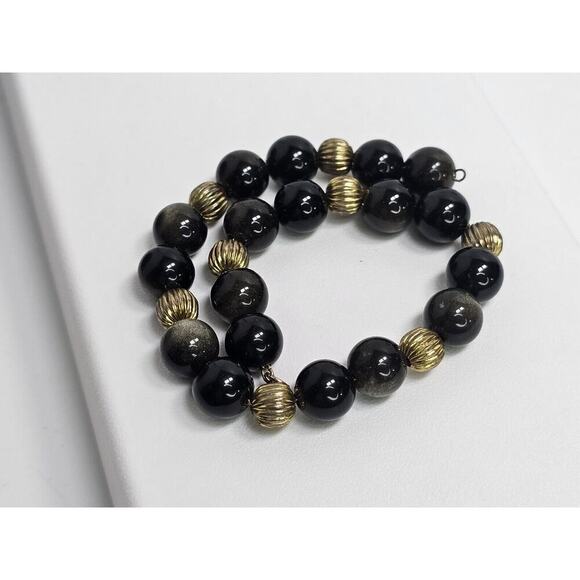 Vintage Gold Filled Obsidian Beaded Bracelet 8" (No Clasp) - Picture 1 of 7